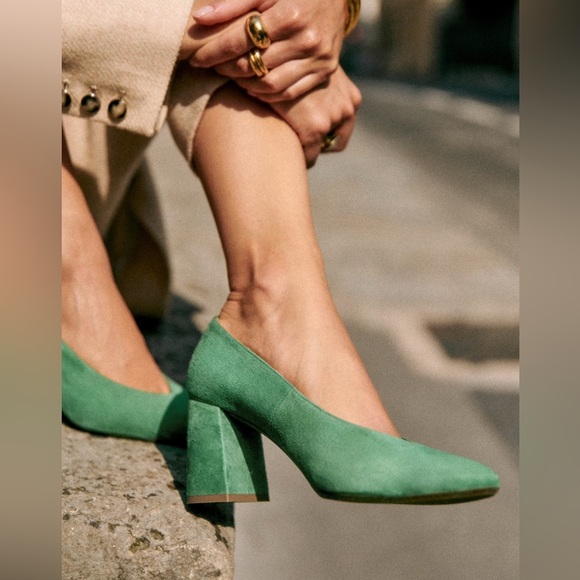 NWOT - Sézane Alice Suede Heels, Sea Green - Picture 1 of 16